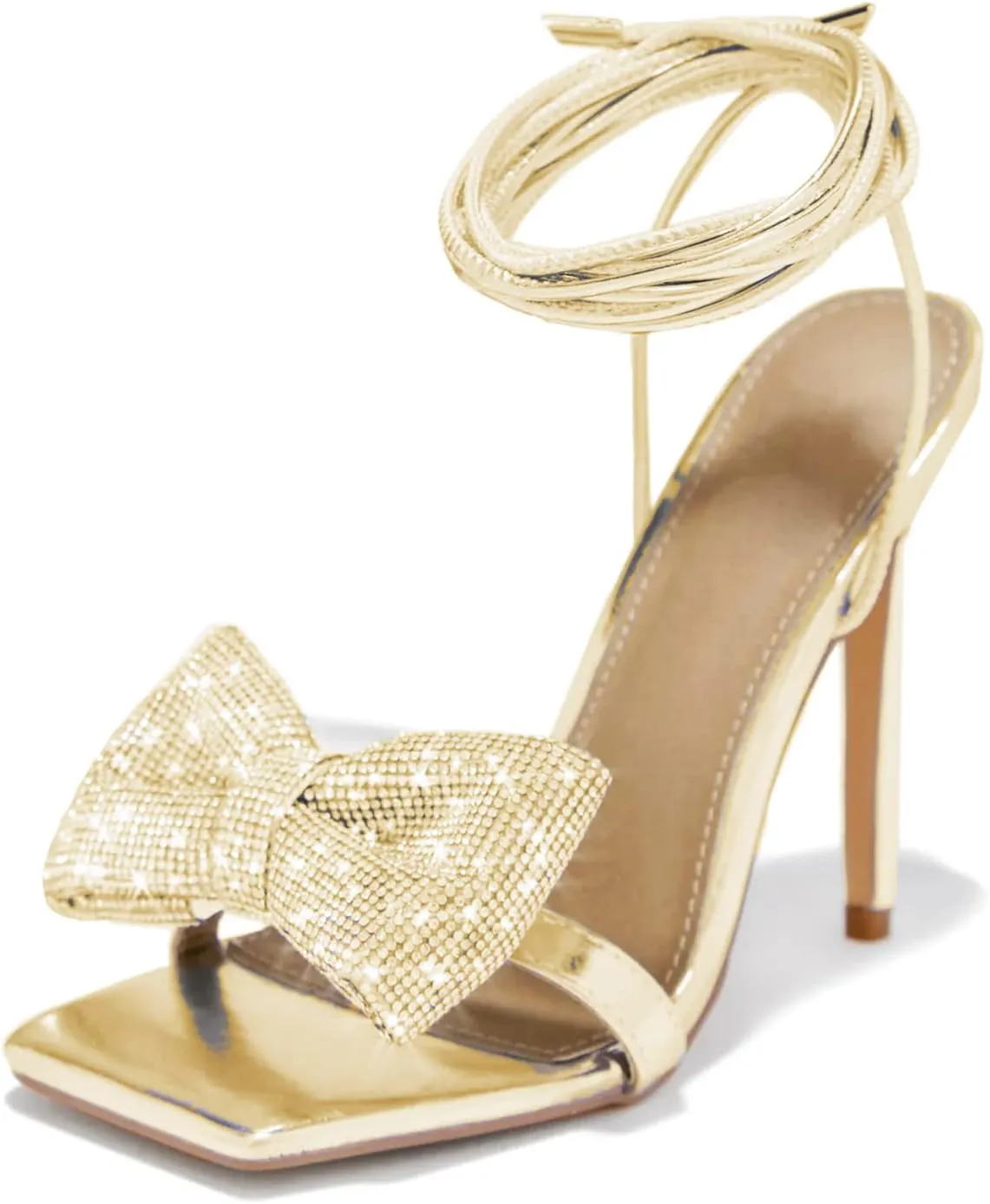 Women's Rhinestone Bow Heels Square Toe Ankle Strappy Lace Up Stiletto High Heeled Sandals