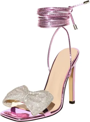 Women's Rhinestone Bow Heels Square Toe Ankle Strappy Lace Up Stiletto High Heeled Sandals