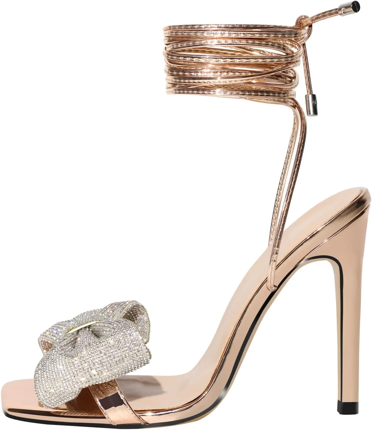 Women's Rhinestone Bow Heels Square Toe Ankle Strappy Lace Up Stiletto High Heeled Sandals