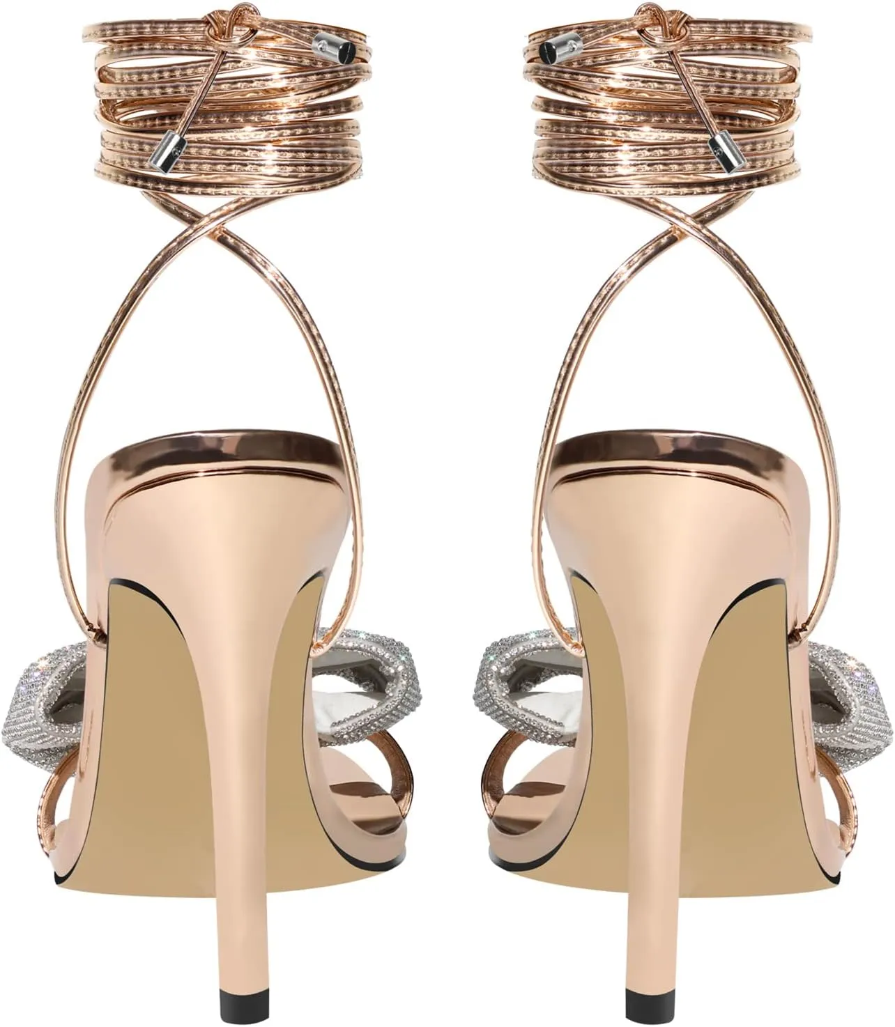 Women's Rhinestone Bow Heels Square Toe Ankle Strappy Lace Up Stiletto High Heeled Sandals