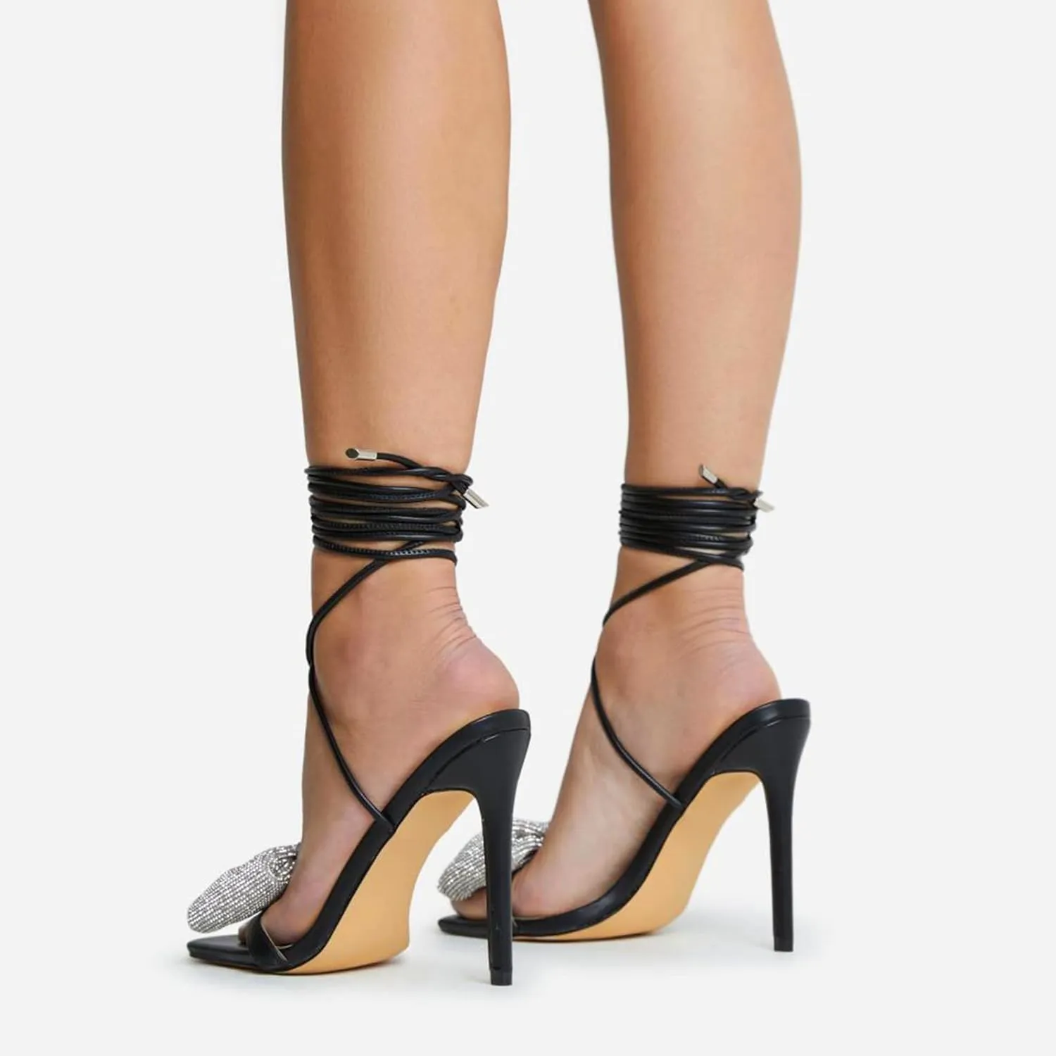 Women's Rhinestone Bow Heels Square Toe Ankle Strappy Lace Up Stiletto High Heeled Sandals