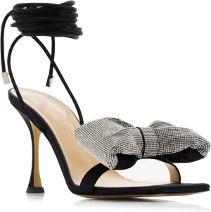 Women's Rhinestone Bow Heels Square Toe Ankle Strappy Lace Up Stiletto High Heeled Sandals