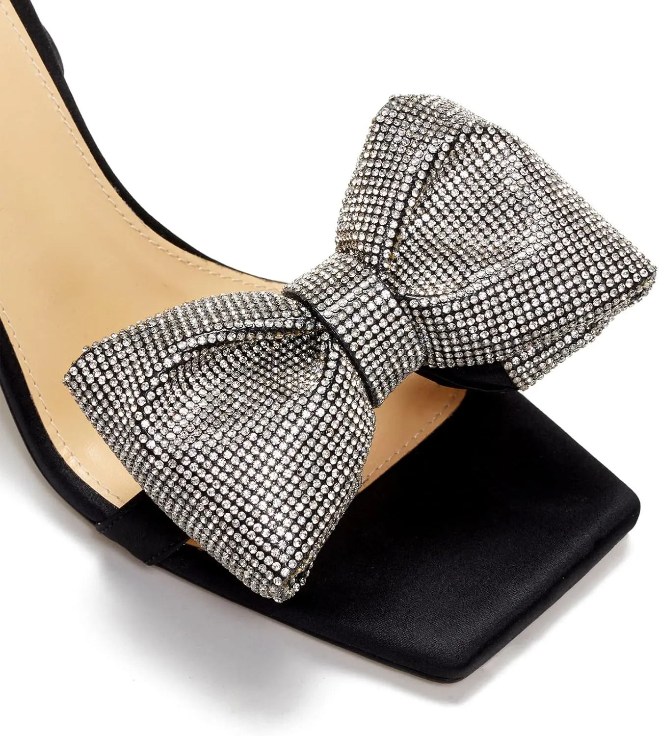 Women's Rhinestone Bow Heels Square Toe Ankle Strappy Lace Up Stiletto High Heeled Sandals