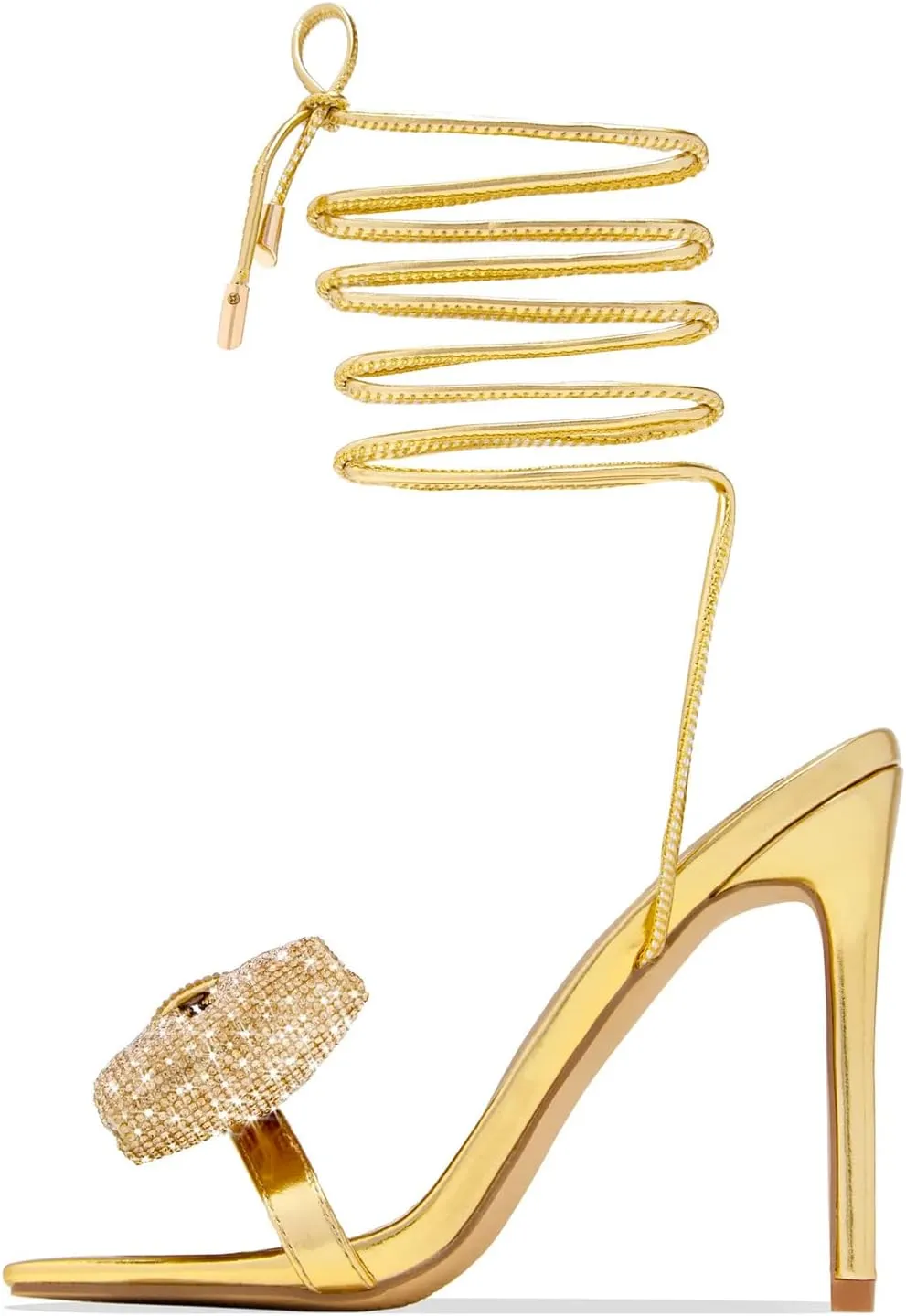 Women's Rhinestone Bow Heels Square Toe Ankle Strappy Lace Up Stiletto High Heeled Sandals