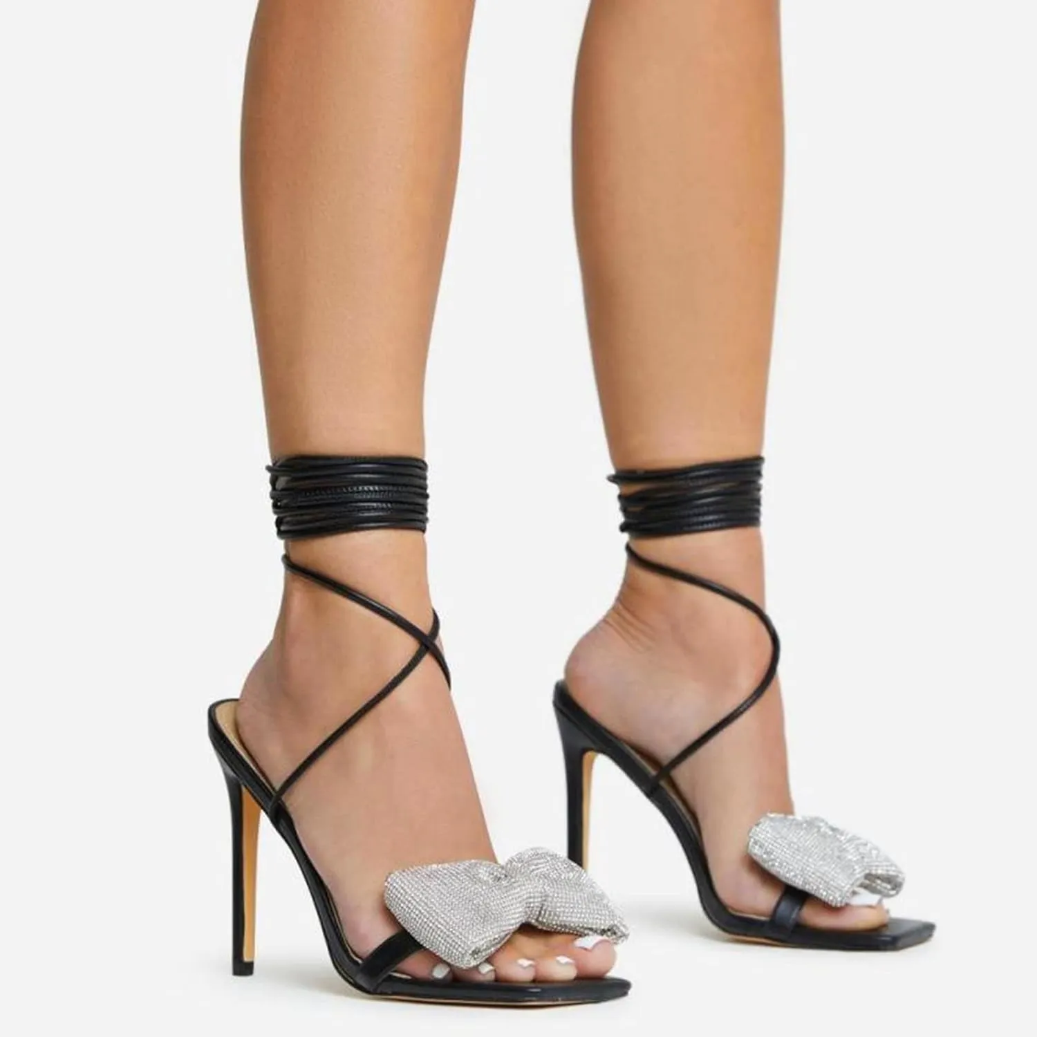 Women's Rhinestone Bow Heels Square Toe Ankle Strappy Lace Up Stiletto High Heeled Sandals