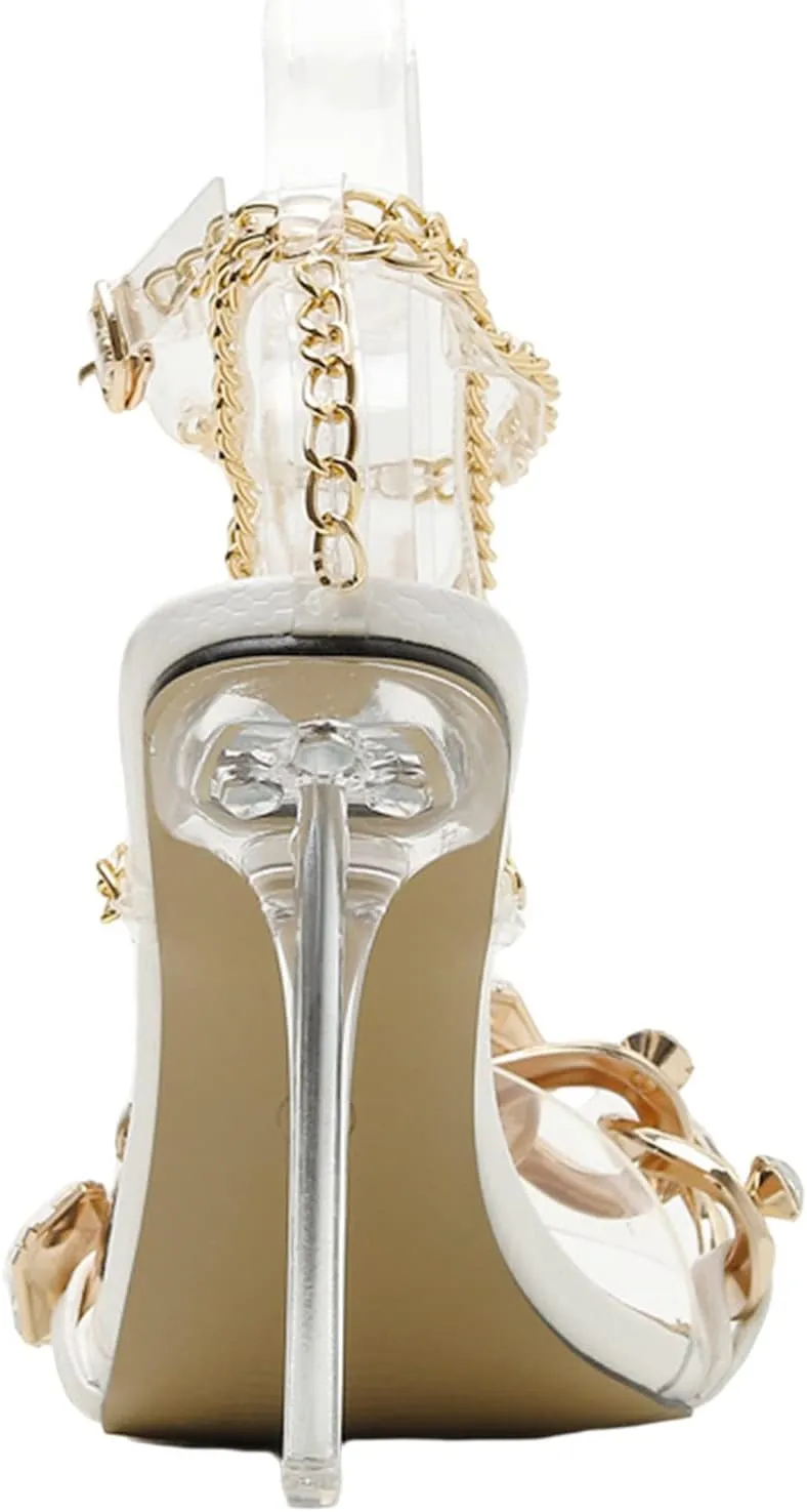 Women's Rhinestone Clear Heels Square Open Toe Ankle Strappy Lace Up Stiletto High Heel Sandals