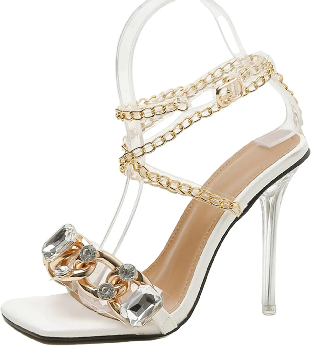 Women's Rhinestone Clear Heels Square Open Toe Ankle Strappy Lace Up Stiletto High Heel Sandals
