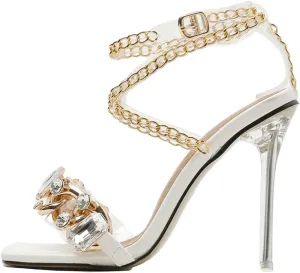 Women's Rhinestone Clear Heels Square Open Toe Ankle Strappy Lace Up Stiletto High Heel Sandals