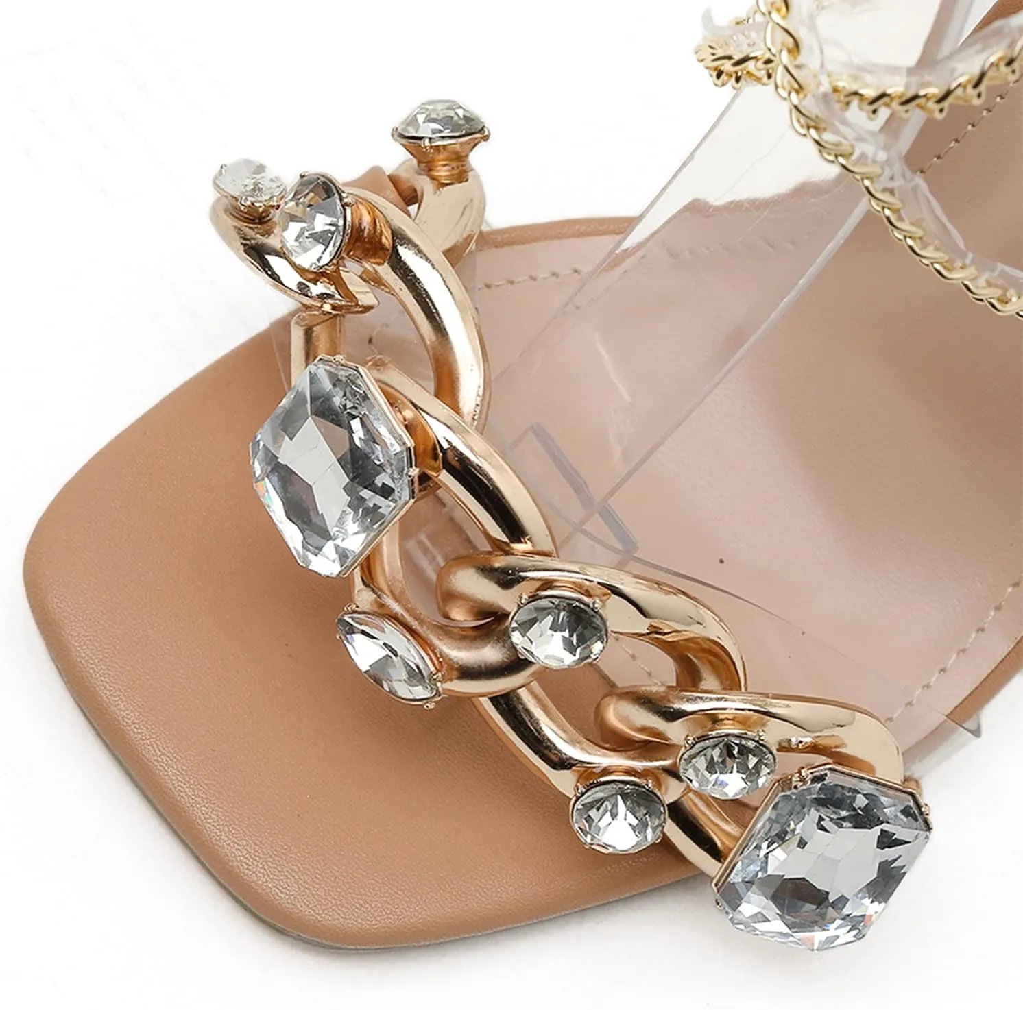 Women's Rhinestone Clear Heels Square Open Toe Ankle Strappy Lace Up Stiletto High Heel Sandals