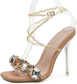 Women's Rhinestone Clear Heels Square Open Toe Ankle Strappy Lace Up Stiletto High Heel Sandals