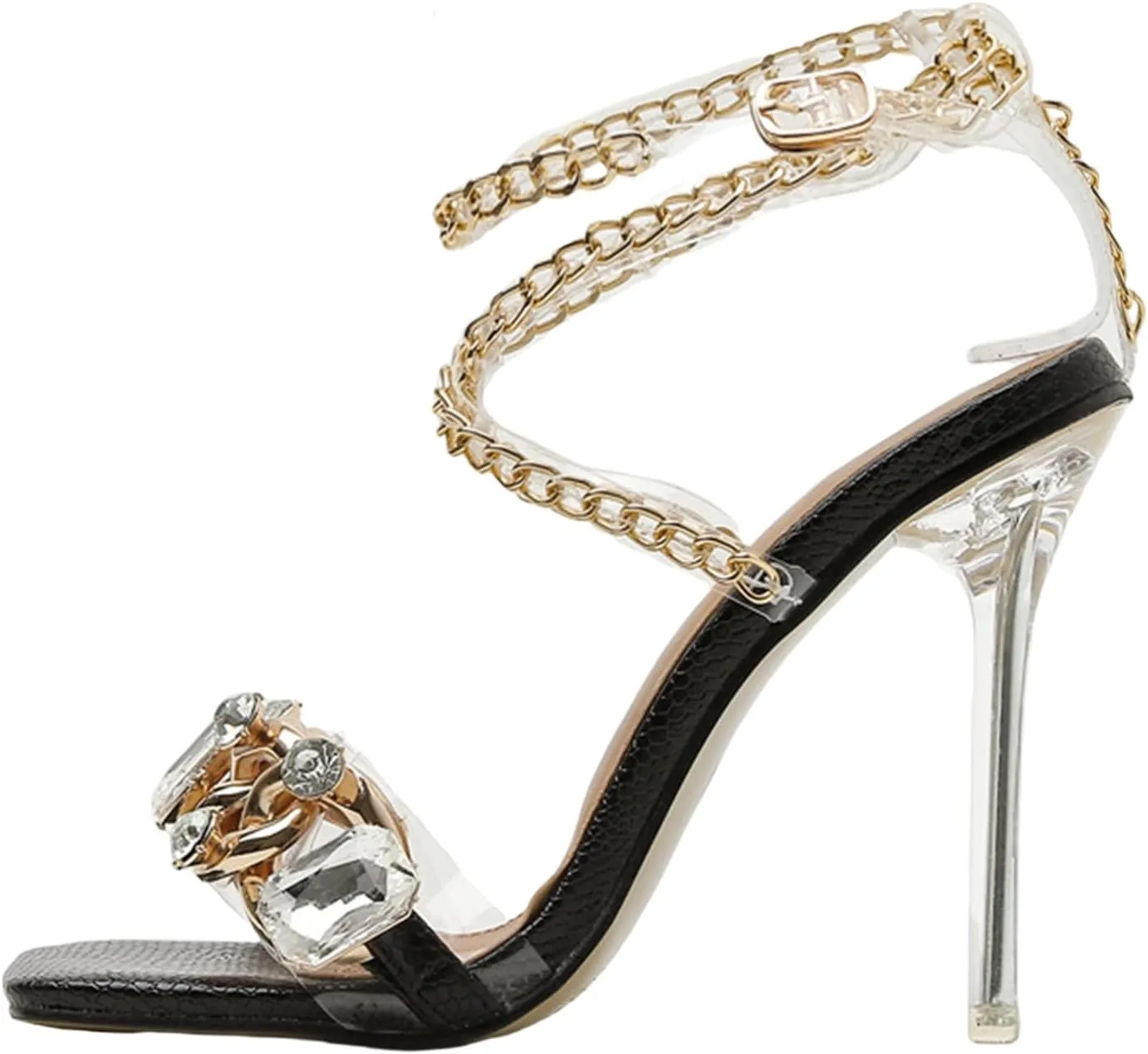 Women's Rhinestone Clear Heels Square Open Toe Ankle Strappy Lace Up Stiletto High Heel Sandals