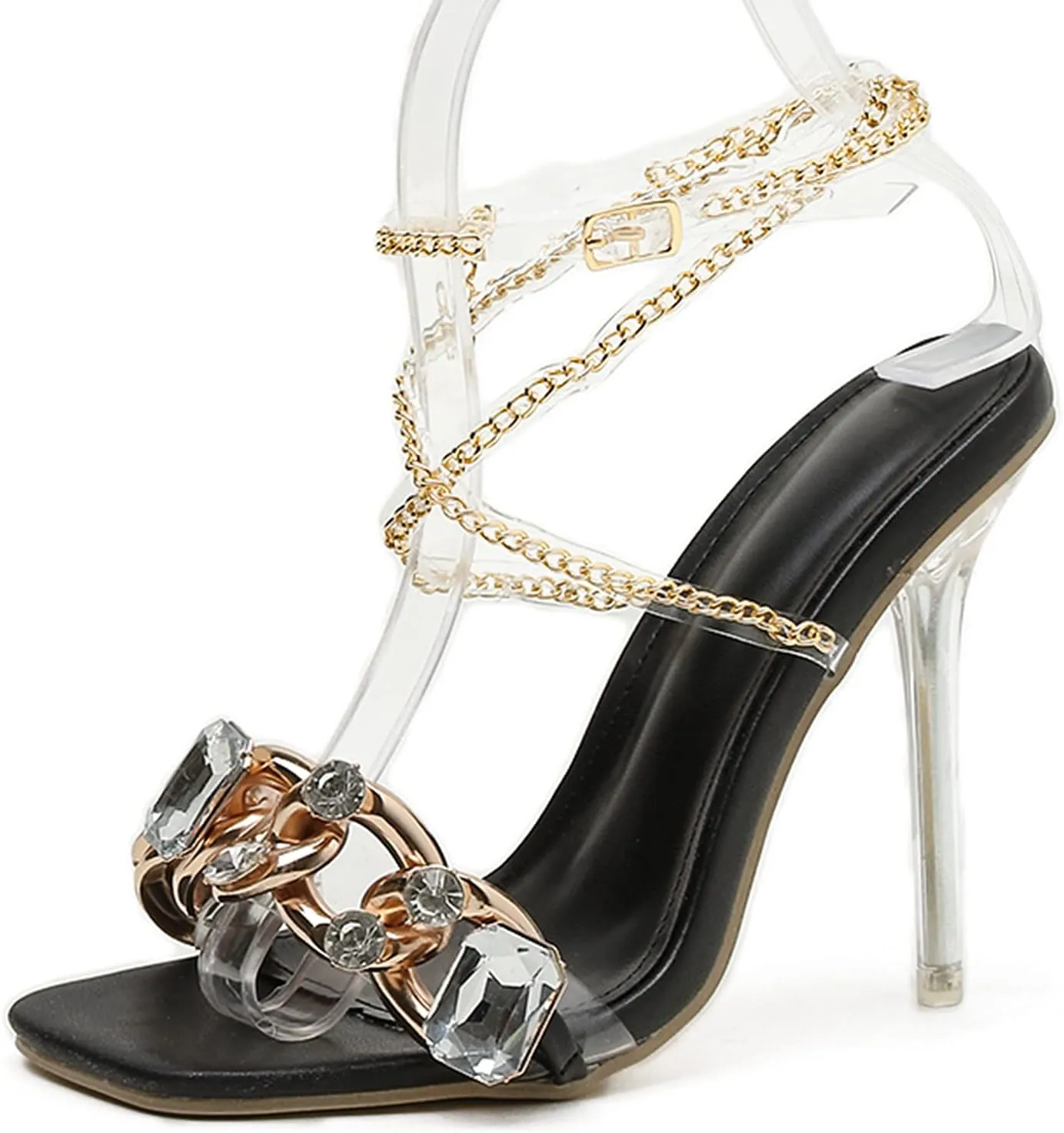 Women's Rhinestone Clear Heels Square Open Toe Ankle Strappy Lace Up Stiletto High Heel Sandals