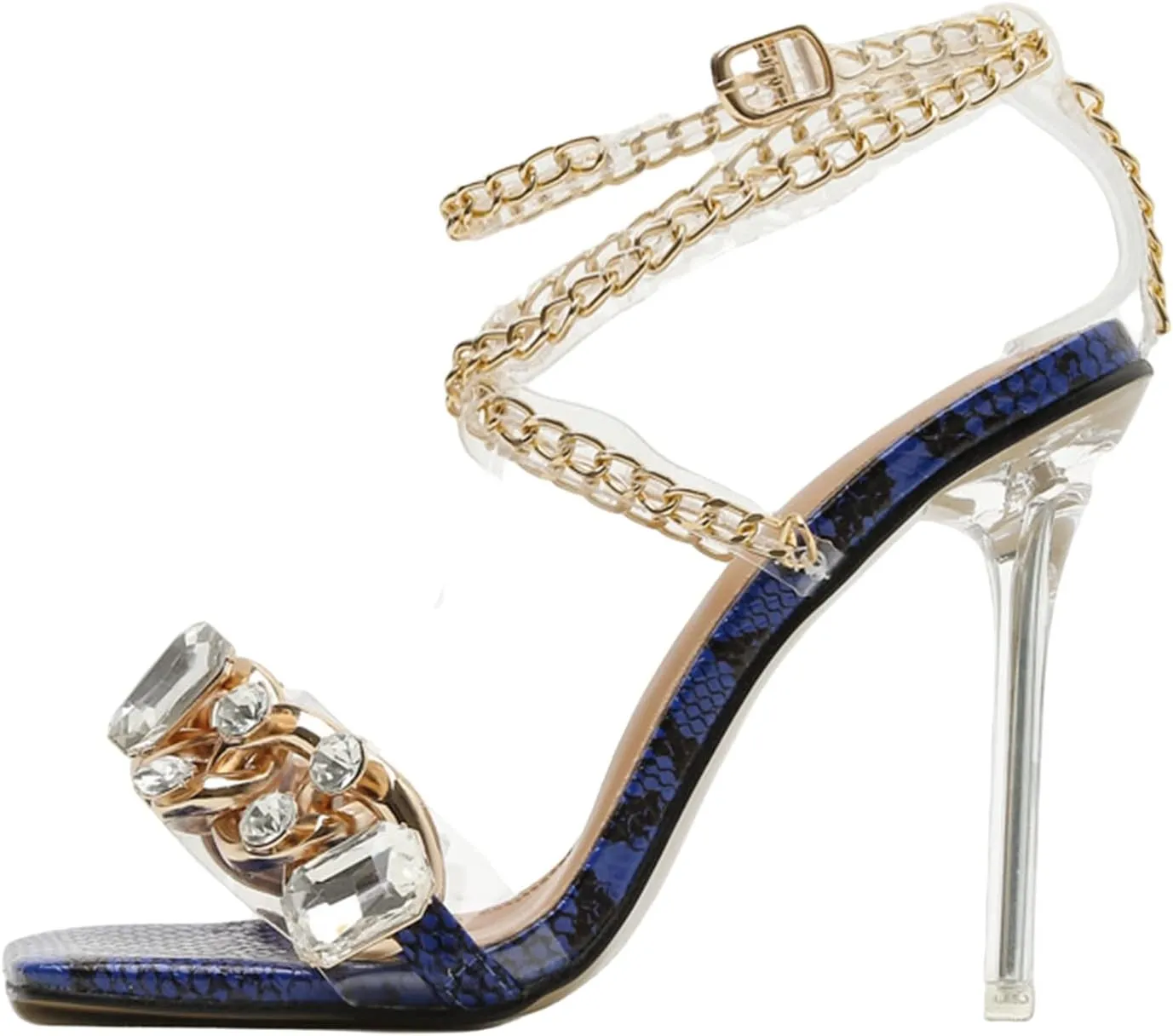 Women's Rhinestone Clear Heels Square Open Toe Ankle Strappy Lace Up Stiletto High Heel Sandals