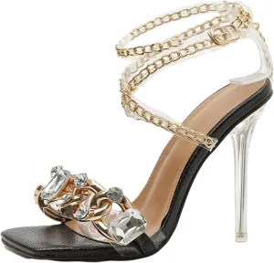 Women's Rhinestone Clear Heels Square Open Toe Ankle Strappy Lace Up Stiletto High Heel Sandals