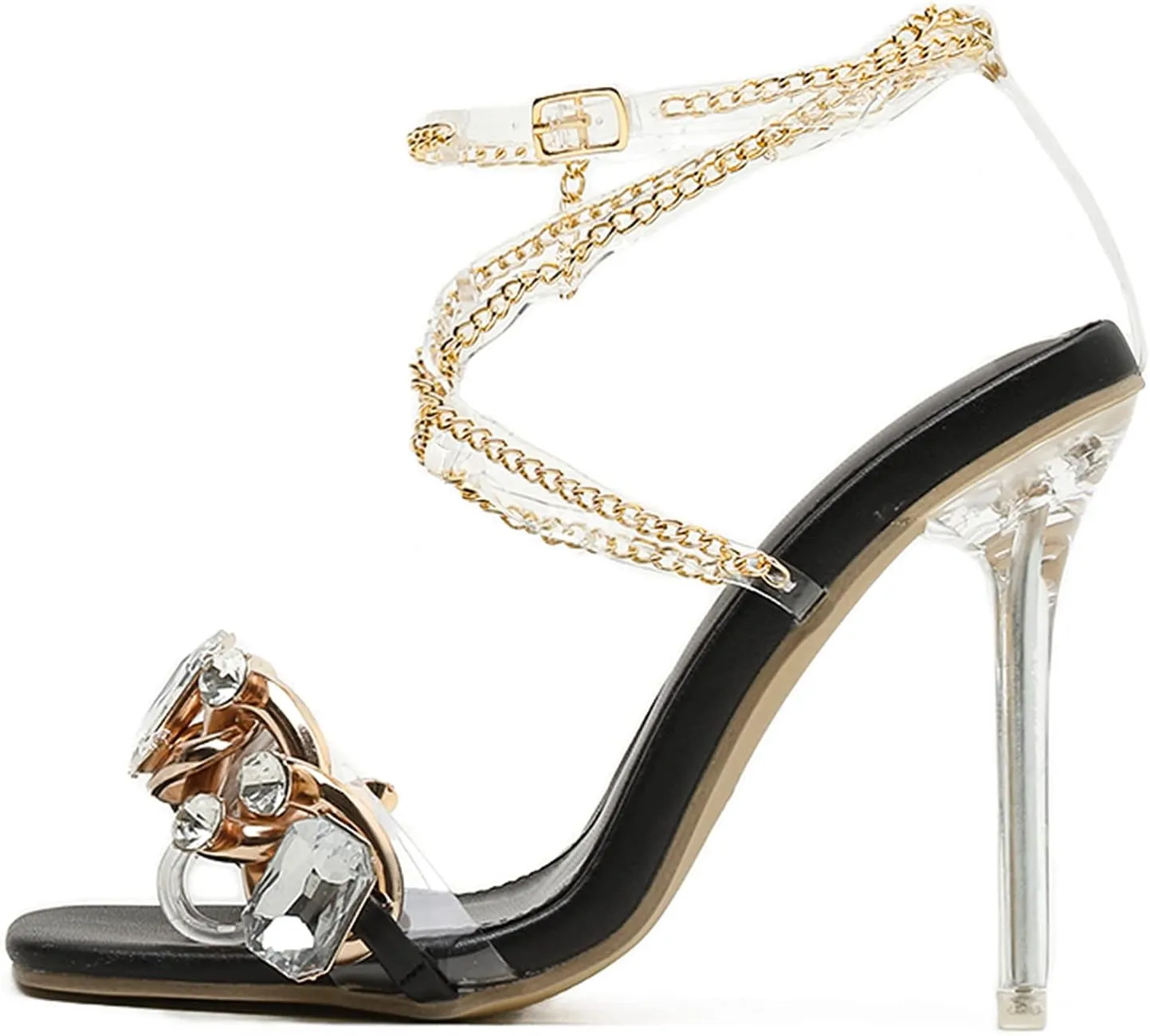 Women's Rhinestone Clear Heels Square Open Toe Ankle Strappy Lace Up Stiletto High Heel Sandals