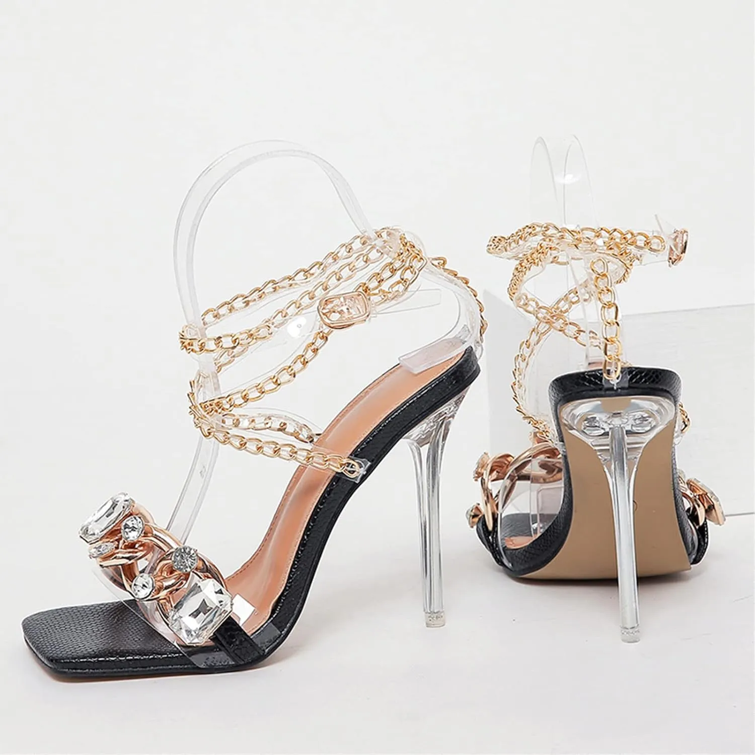 Women's Rhinestone Clear Heels Square Open Toe Ankle Strappy Lace Up Stiletto High Heel Sandals
