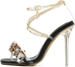 Women's Rhinestone Clear Heels Square Open Toe Ankle Strappy Lace Up Stiletto High Heel Sandals