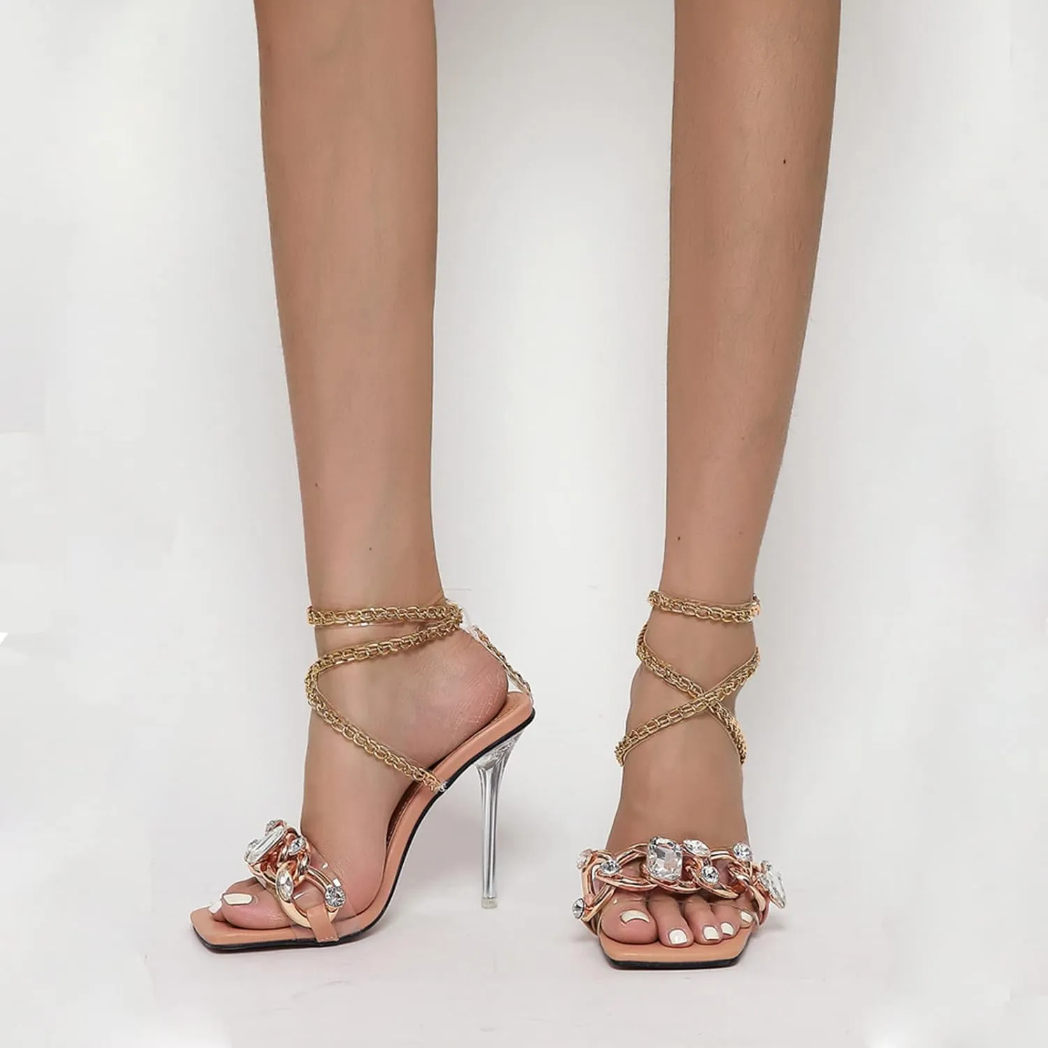 Women's Rhinestone Clear Heels Square Open Toe Ankle Strappy Lace Up Stiletto High Heel Sandals