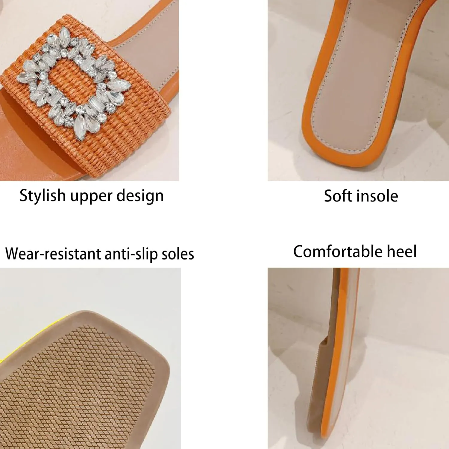 Women's Rhinestones Weave Wide Width Flat Slides Sandals Fashion Comfortable Open Toe Slip On Summer Walking Slippers for Indoor Outdoor Beach Daily Wear