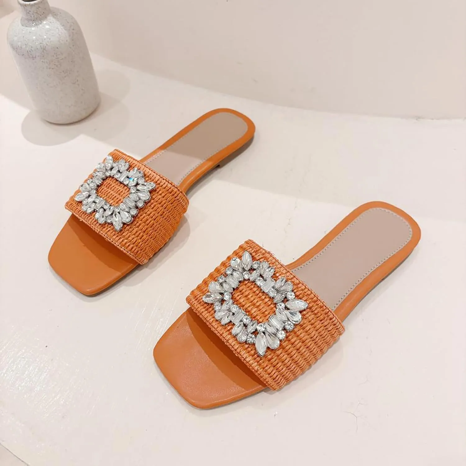 Women's Rhinestones Weave Wide Width Flat Slides Sandals Fashion Comfortable Open Toe Slip On Summer Walking Slippers for Indoor Outdoor Beach Daily Wear