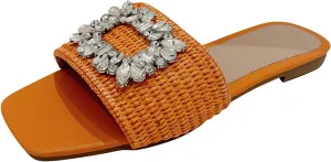 Women's Rhinestones Weave Wide Width Flat Slides Sandals Fashion Comfortable Open Toe Slip On Summer Walking Slippers for Indoor Outdoor Beach Daily Wear