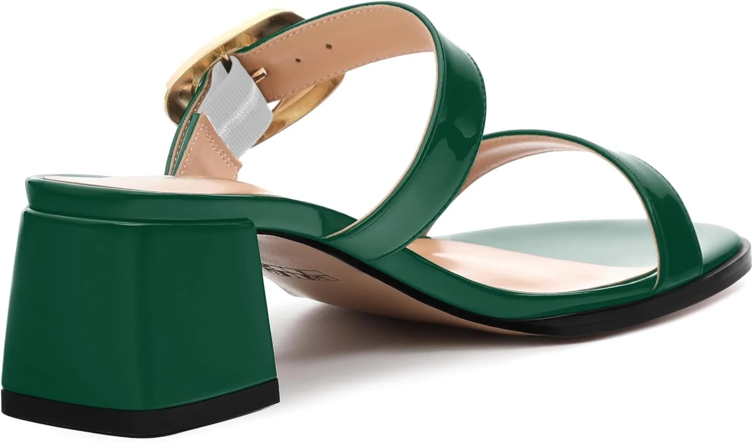 Womens Sandals, Open Round Toe Low Chunky Heels, Fashion Buckle Slip On Solid Patent Sandals
