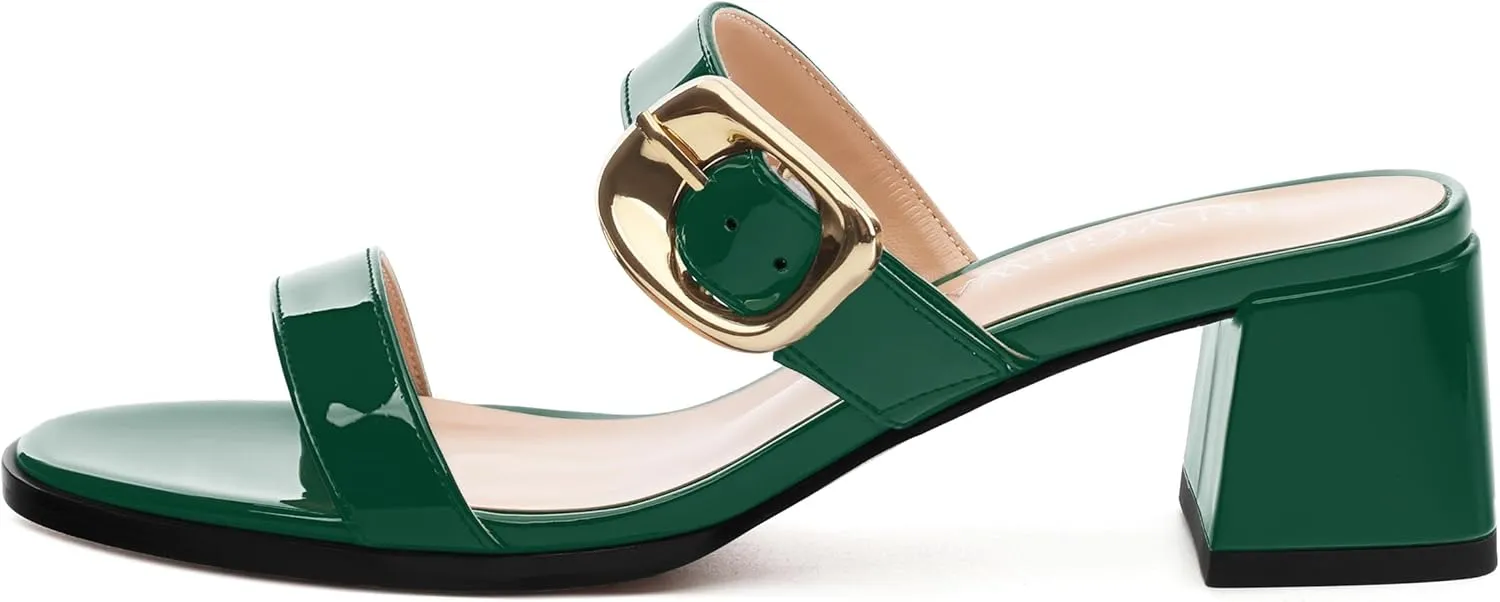 Womens Sandals, Open Round Toe Low Chunky Heels, Fashion Buckle Slip On Solid Patent Sandals