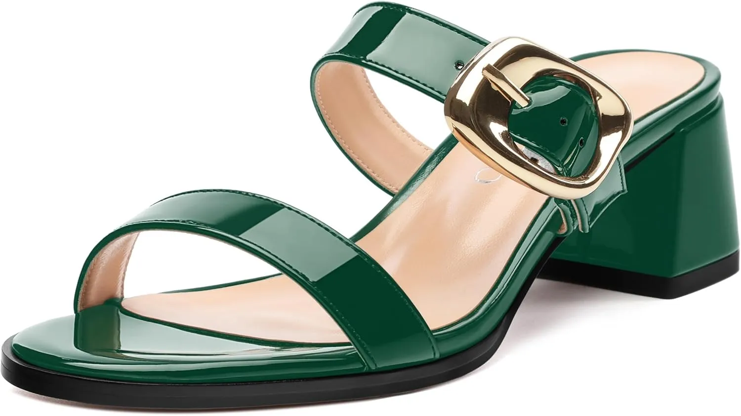 Womens Sandals, Open Round Toe Low Chunky Heels, Fashion Buckle Slip On Solid Patent Sandals