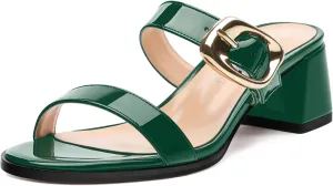 Womens Sandals, Open Round Toe Low Chunky Heels, Fashion Buckle Slip On Solid Patent Sandals