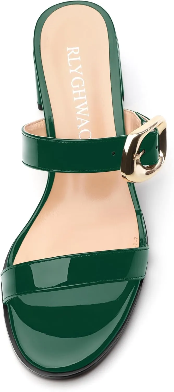Womens Sandals, Open Round Toe Low Chunky Heels, Fashion Buckle Slip On Solid Patent Sandals