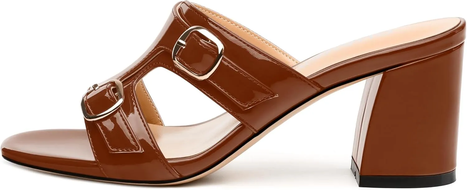 Women's Sandals, Round Open Toe Mid Heels, Slip On Fashion Buckle Heeled Sandal for Working Party Wedding