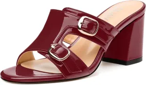 Women's Sandals, Round Open Toe Mid Heels, Slip On Fashion Buckle Heeled Sandal for Working Party Wedding