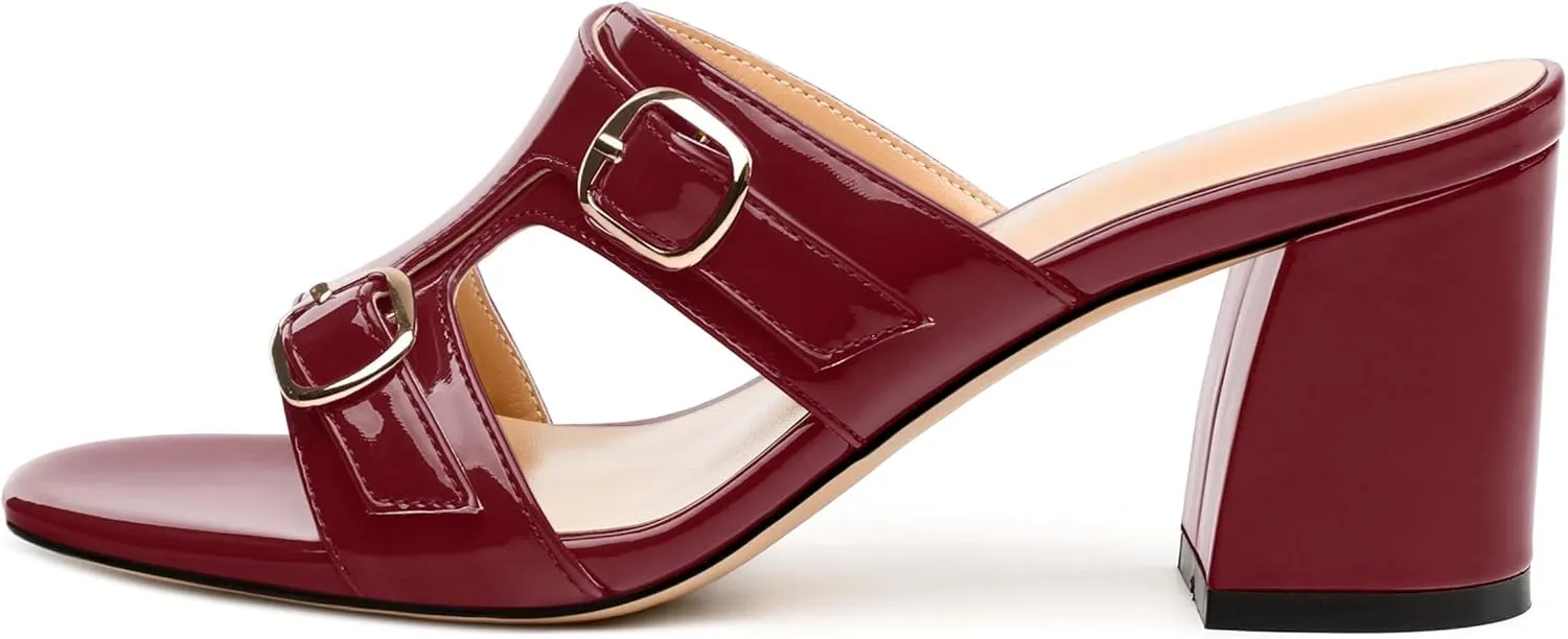 Women's Sandals, Round Open Toe Mid Heels, Slip On Fashion Buckle Heeled Sandal for Working Party Wedding