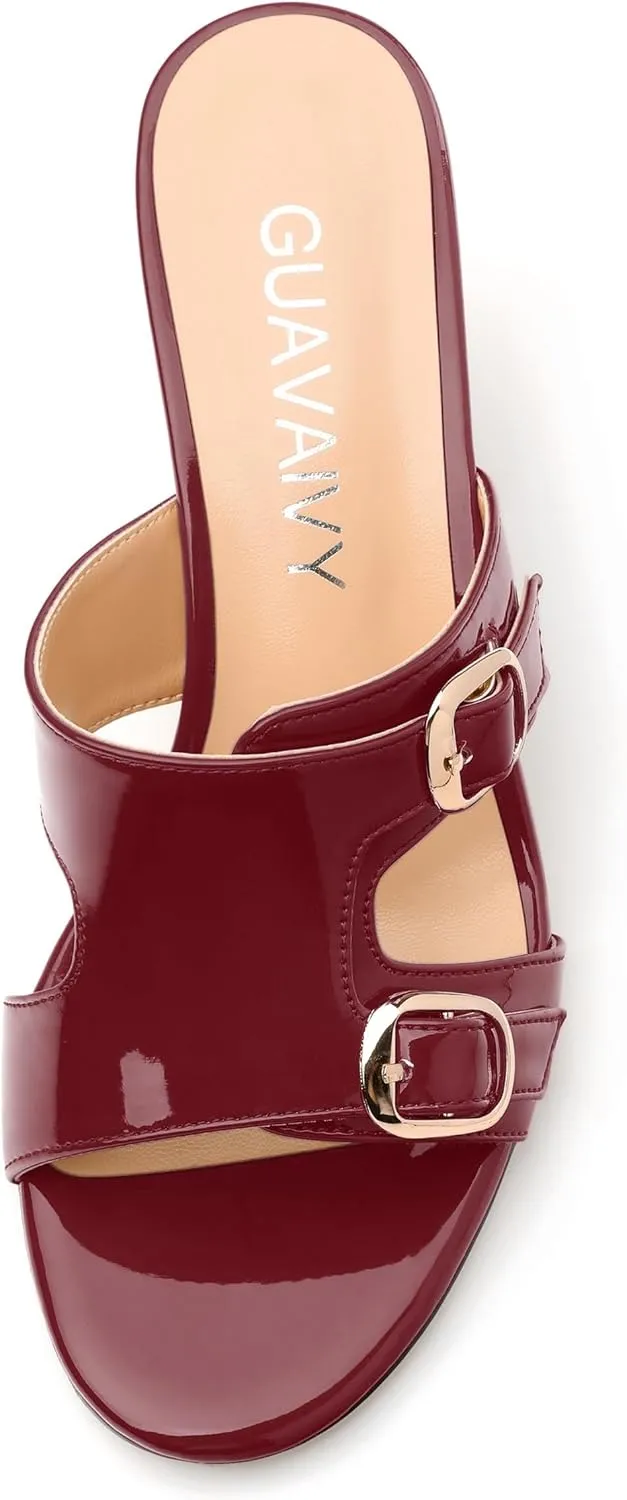 Women's Sandals, Round Open Toe Mid Heels, Slip On Fashion Buckle Heeled Sandal for Working Party Wedding