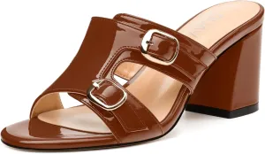 Women's Sandals, Round Open Toe Mid Heels, Slip On Fashion Buckle Heeled Sandal for Working Party Wedding