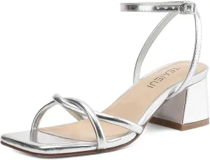 Women's Sandals Strappy Heels for Women Dressy Open Square Toe Comfort Chunky Block Heel Dress Shoes for Prom Party Wedding