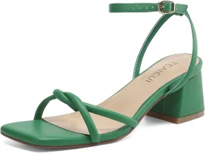 Women's Sandals Strappy Heels for Women Dressy Open Square Toe Comfort Chunky Block Heel Dress Shoes for Prom Party Wedding