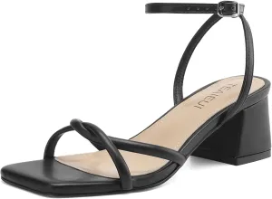 Women's Sandals Strappy Heels for Women Dressy Open Square Toe Comfort Chunky Block Heel Dress Shoes for Prom Party Wedding