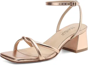 Women's Sandals Strappy Heels for Women Dressy Open Square Toe Comfort Chunky Block Heel Dress Shoes for Prom Party Wedding