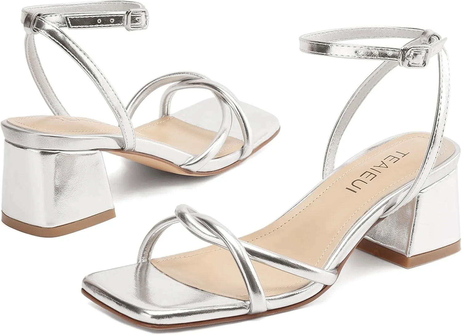 Women's Sandals Strappy Heels for Women Dressy Open Square Toe Comfort Chunky Block Heel Dress Shoes for Prom Party Wedding