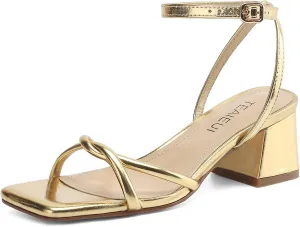 Women's Sandals Strappy Heels for Women Dressy Open Square Toe Comfort Chunky Block Heel Dress Shoes for Prom Party Wedding