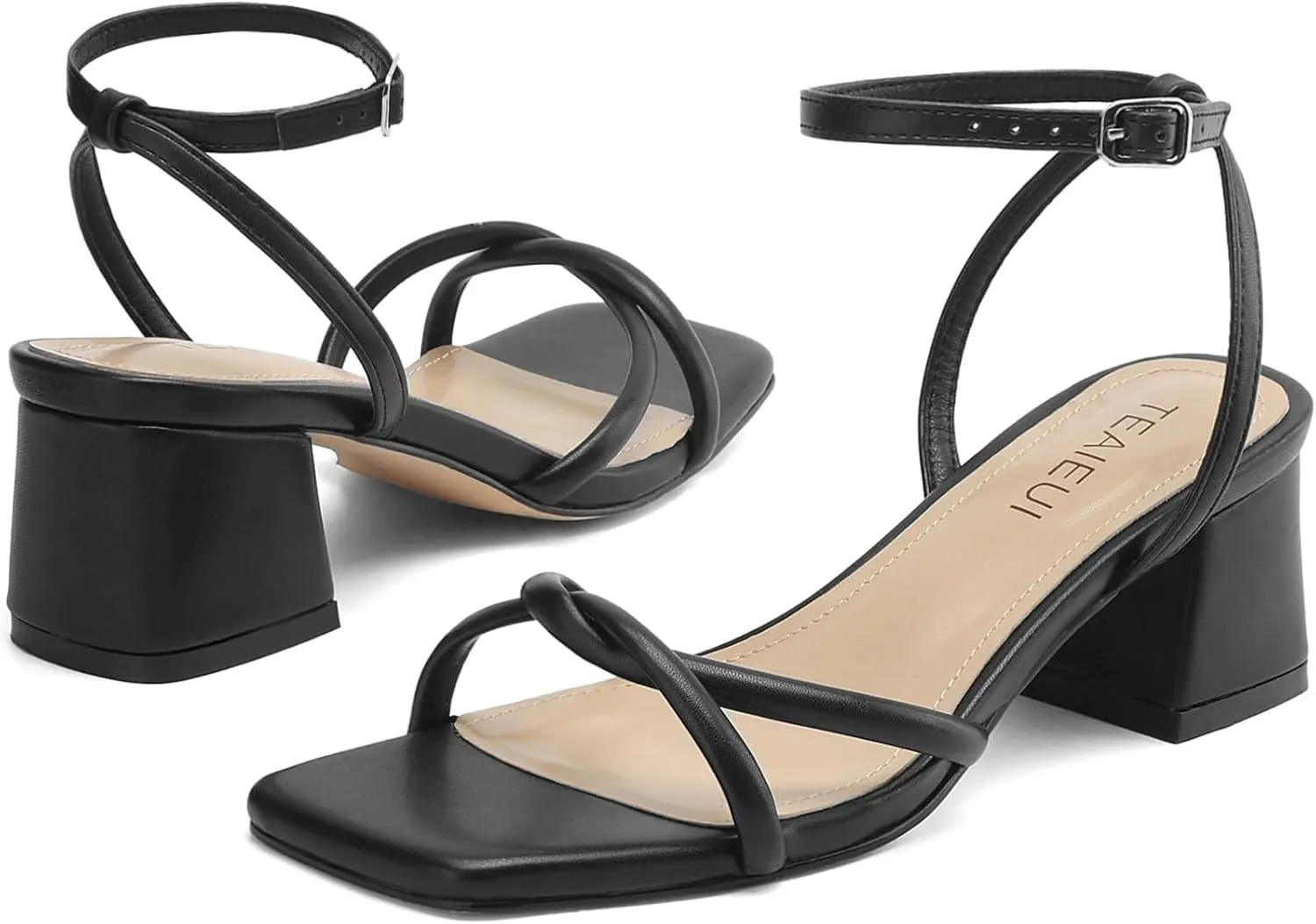 Women's Sandals Strappy Heels for Women Dressy Open Square Toe Comfort Chunky Block Heel Dress Shoes for Prom Party Wedding
