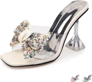 Women's Sexy Rhinestone Bowknots High Heel Mule Sandals Square Open Toe Clear High Heel Sandals Wedding Party Dress Shoes