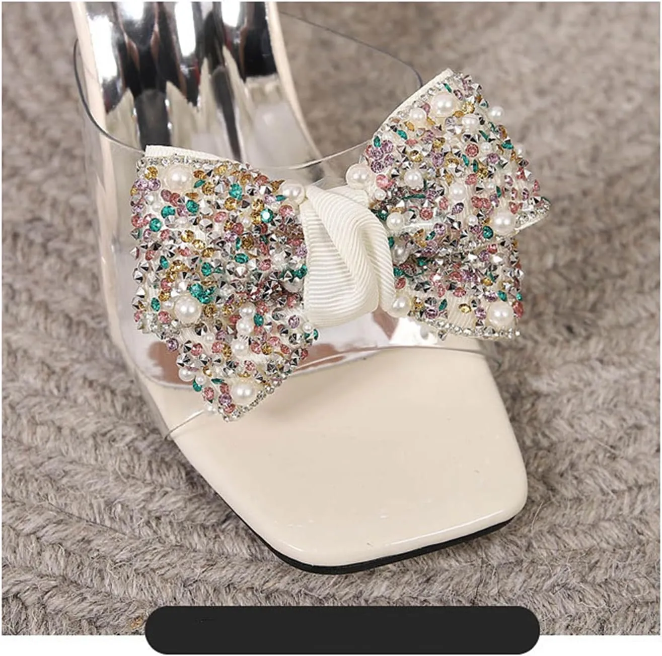 Women's Sexy Rhinestone Bowknots High Heel Mule Sandals Square Open Toe Clear High Heel Sandals Wedding Party Dress Shoes