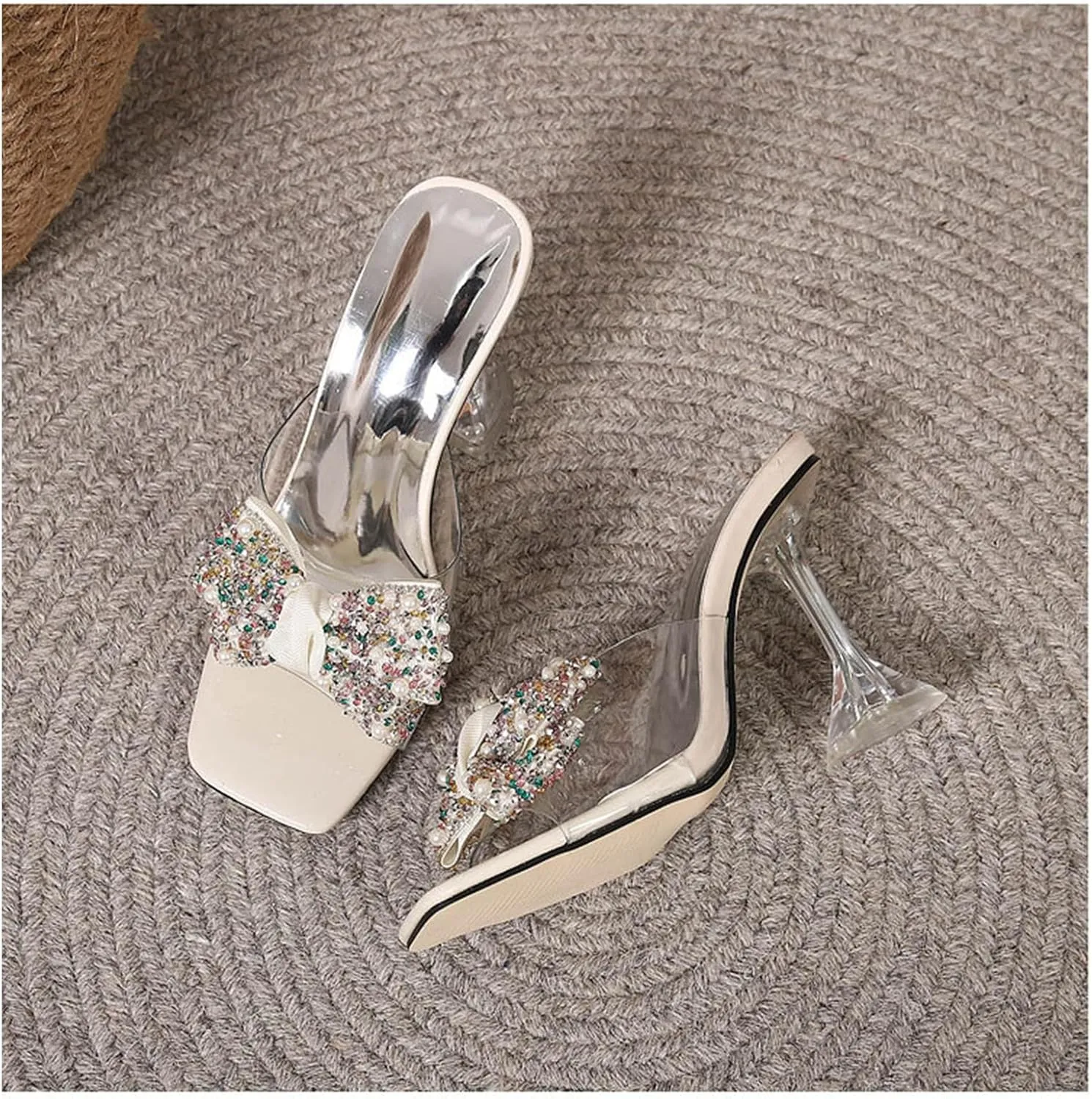Women's Sexy Rhinestone Bowknots High Heel Mule Sandals Square Open Toe Clear High Heel Sandals Wedding Party Dress Shoes