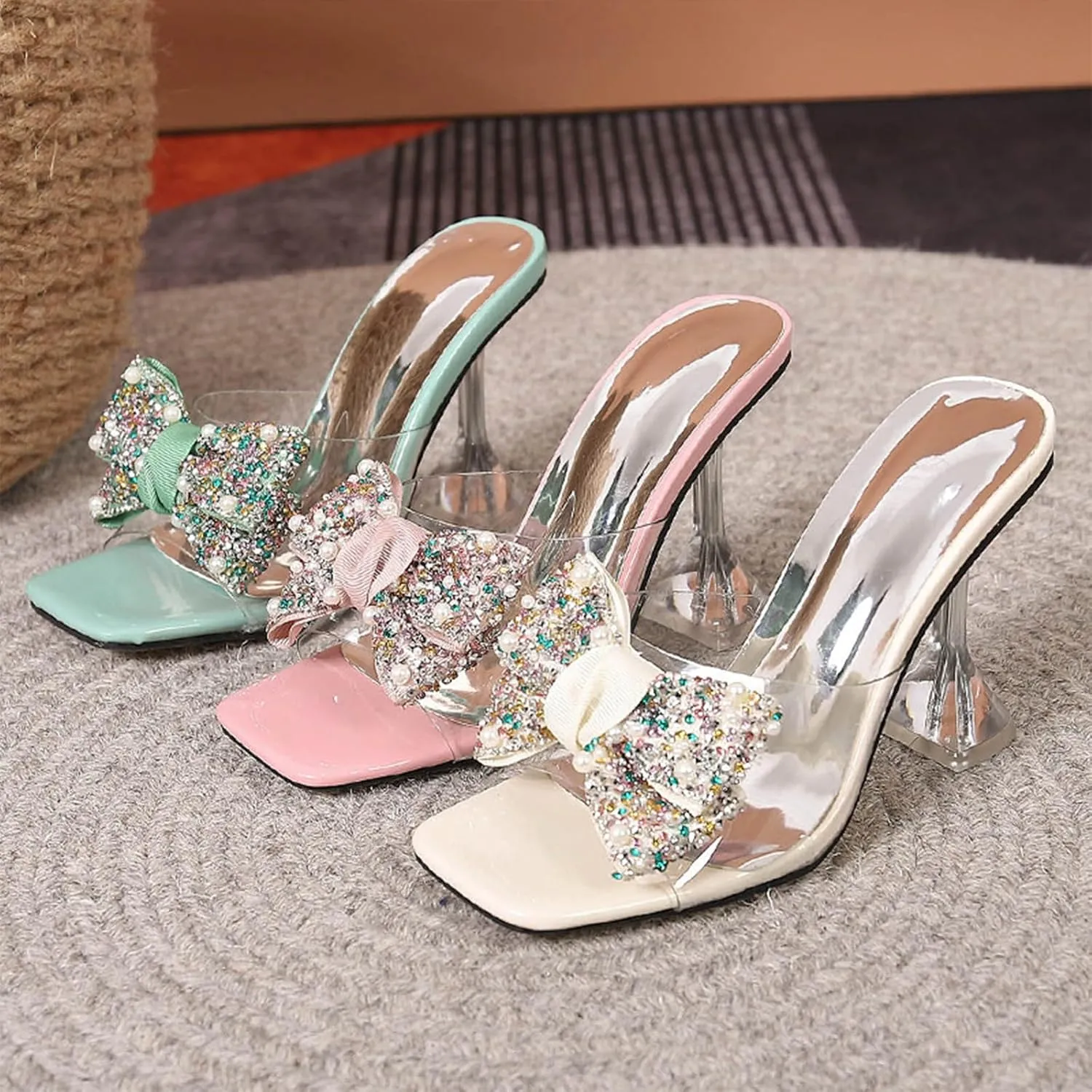 Women's Sexy Rhinestone Bowknots High Heel Mule Sandals Square Open Toe Clear High Heel Sandals Wedding Party Dress Shoes