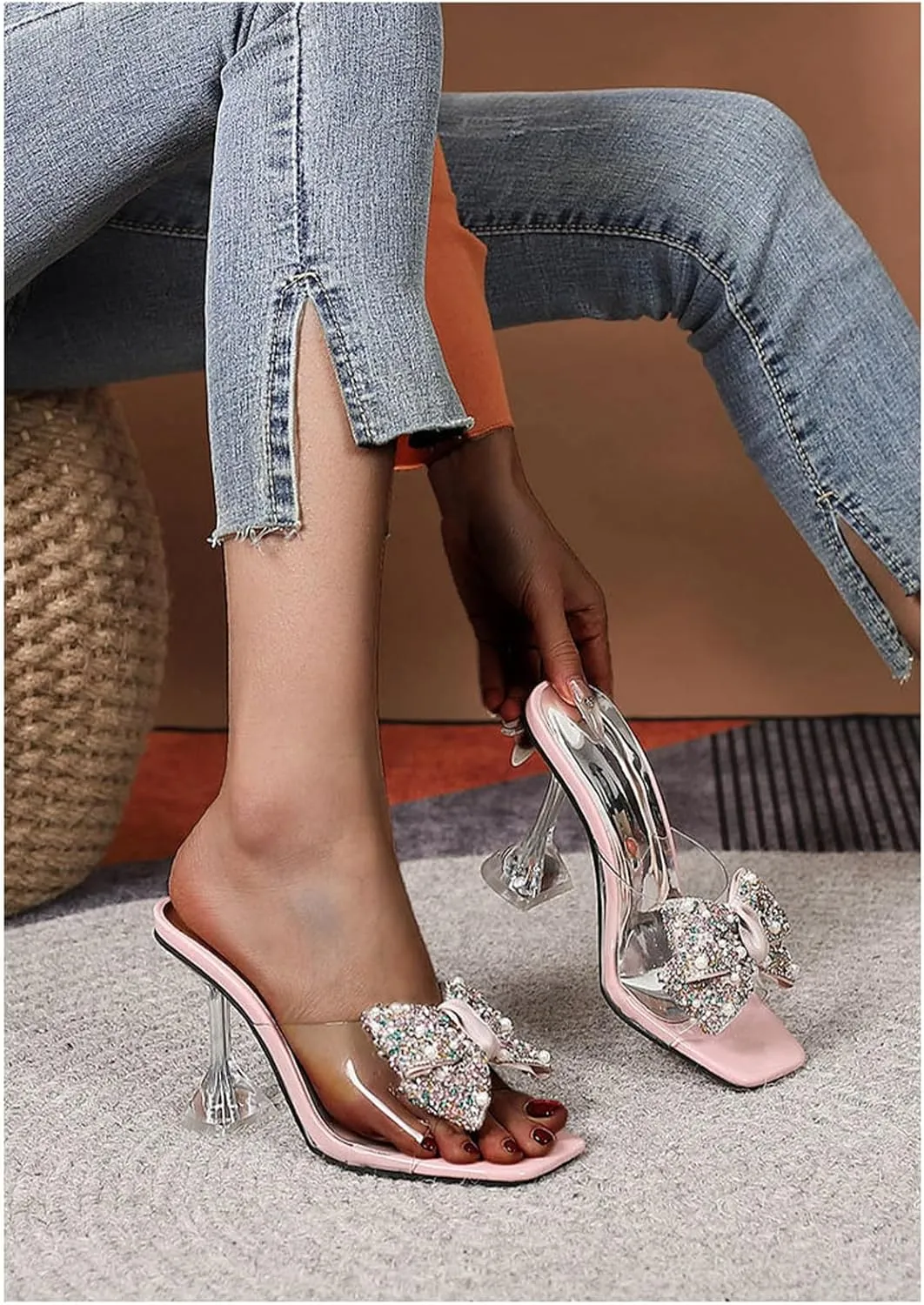 Women's Sexy Rhinestone Bowknots High Heel Mule Sandals Square Open Toe Clear High Heel Sandals Wedding Party Dress Shoes