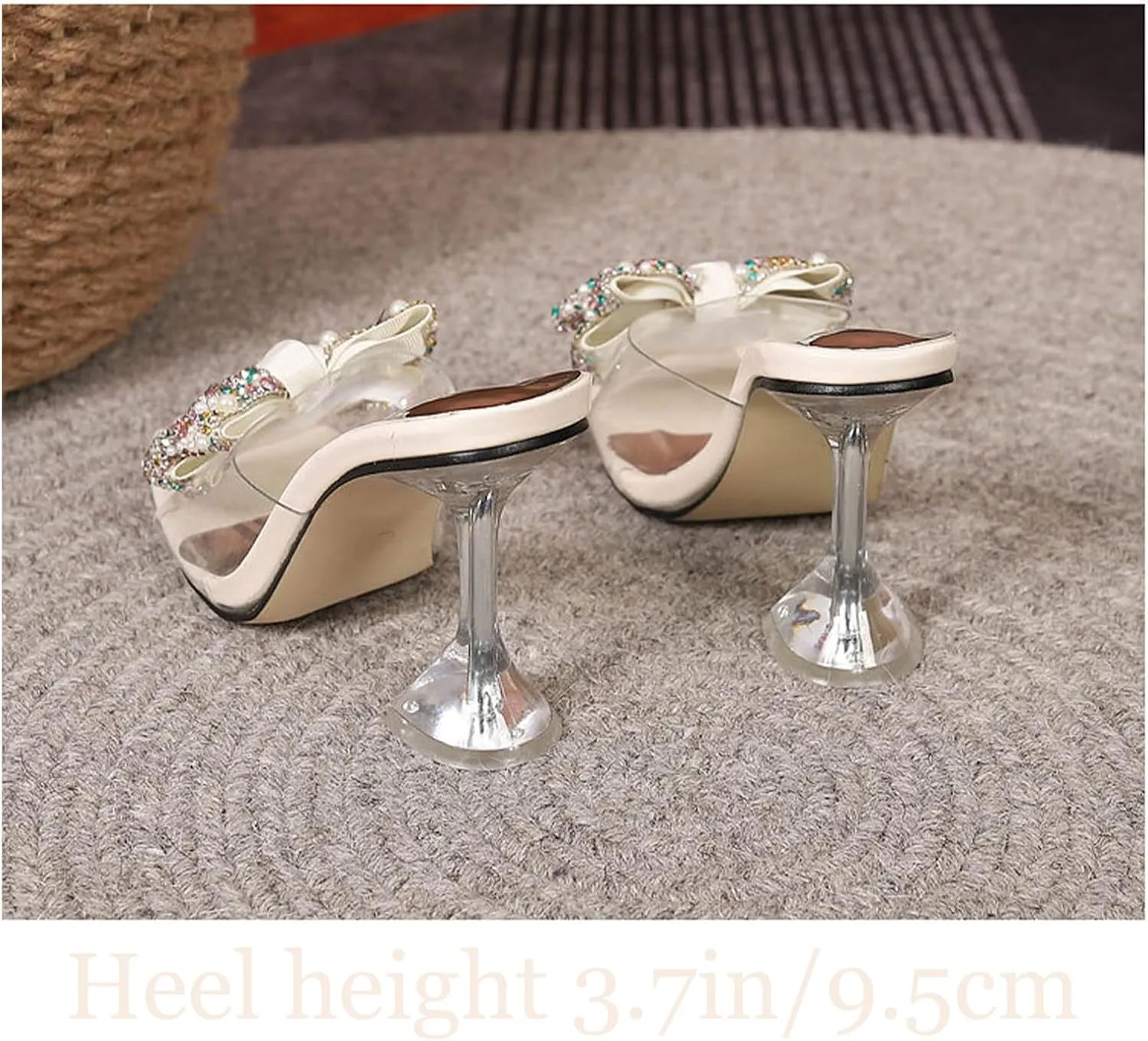 Women's Sexy Rhinestone Bowknots High Heel Mule Sandals Square Open Toe Clear High Heel Sandals Wedding Party Dress Shoes