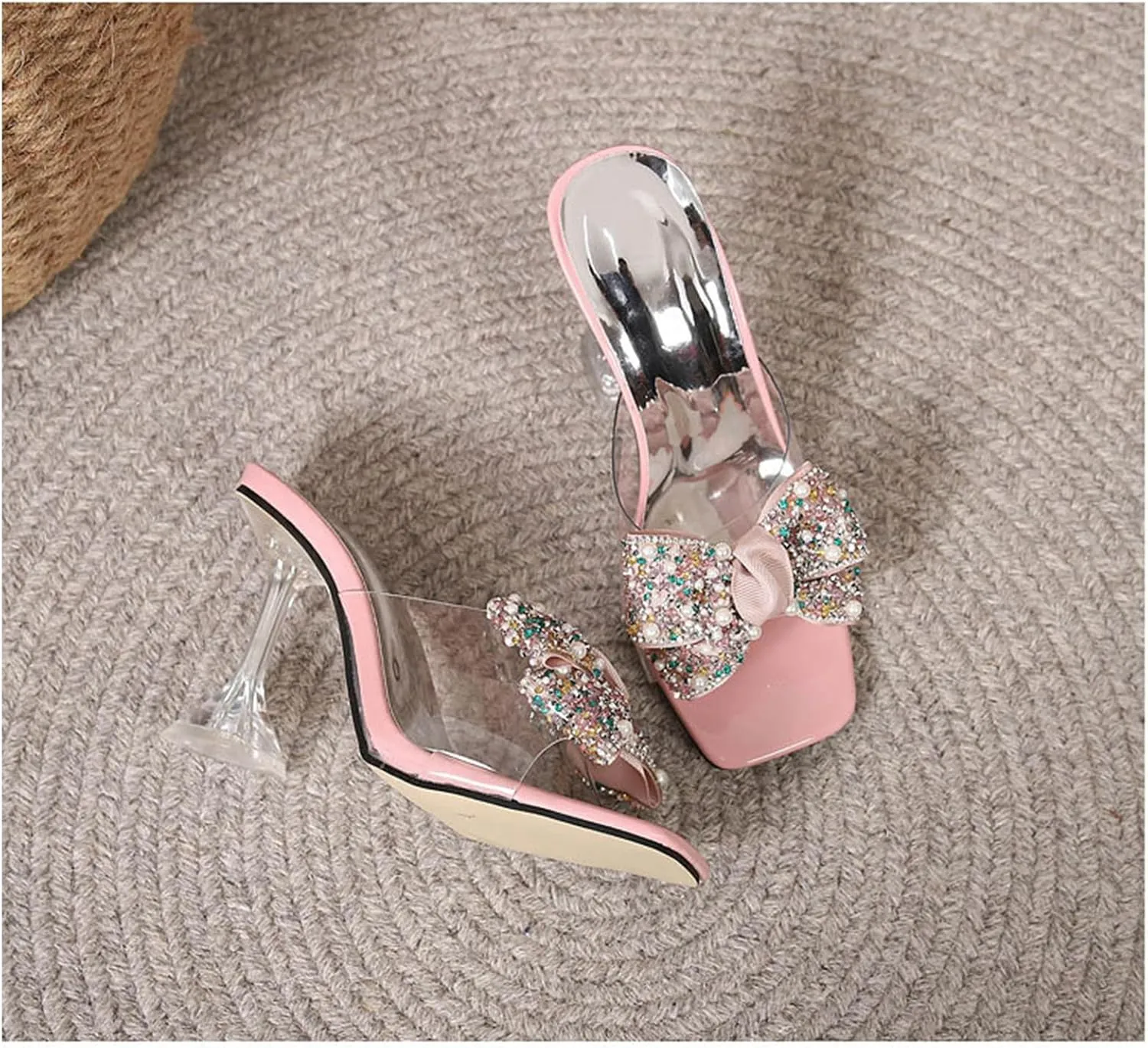 Women's Sexy Rhinestone Bowknots High Heel Mule Sandals Square Open Toe Clear High Heel Sandals Wedding Party Dress Shoes