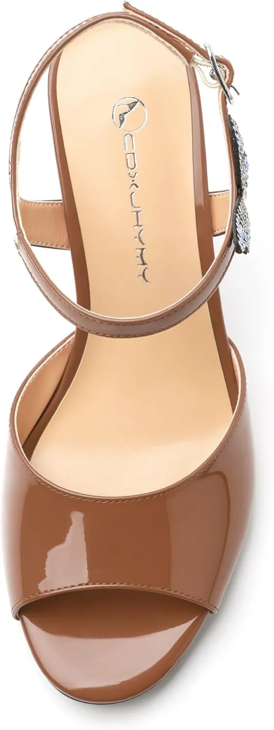 Women's Sexy Stiletto High Kitten Patent Heels Ankle Strap Buckle Round Peep Open Toe Sandals Elegant Dress Office Party Wedding Shoes For Women 3.3 Inch